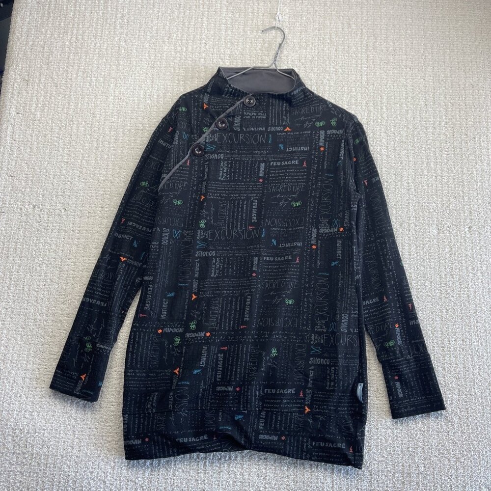 Y2K Message Factory Stretch Tunic Asymmetrical Positive Message AOP Boho Sz S